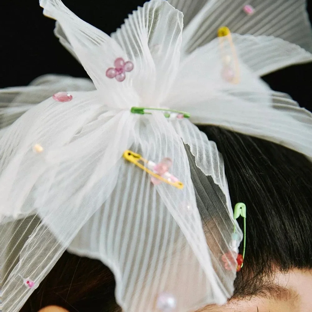 White Tulle Bow‎ Hair Clip Bridal Veil Pearl Safety Pin Embellished